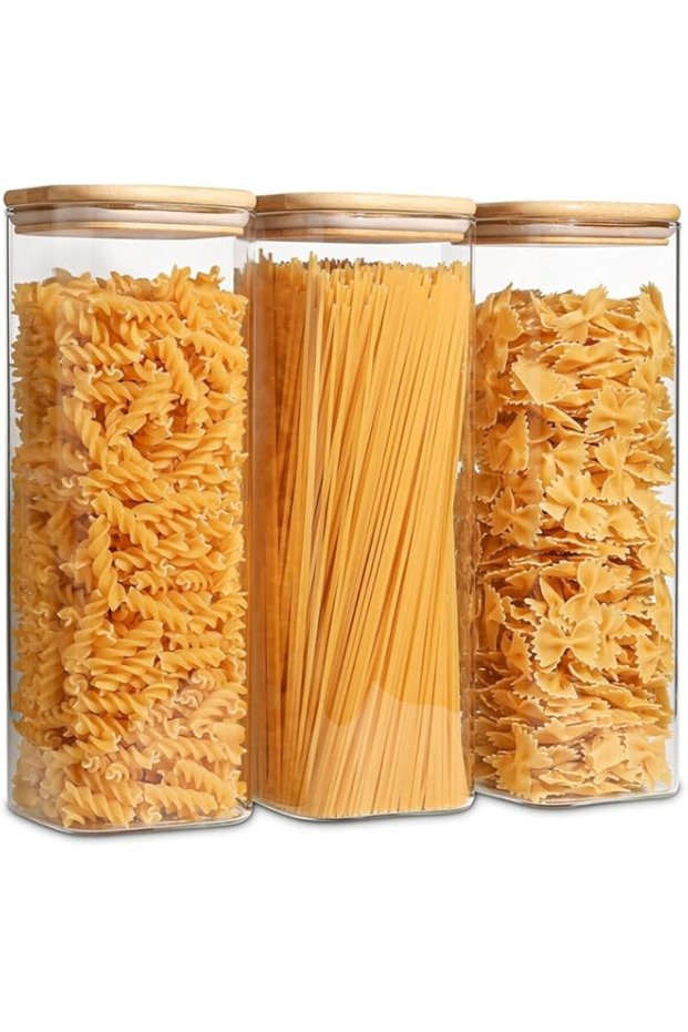 HOOJO Glass Spaghetti Pasta Storage Containers with Lids 71oz Set of 3, Tall Clear Airtight Food Sto
