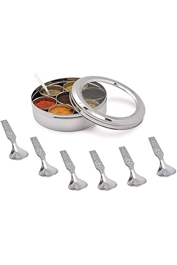 KSJONE See Through Spice Container Masala Dabba With 7 Compartments and 7 Spoons, Masala Box, Spice