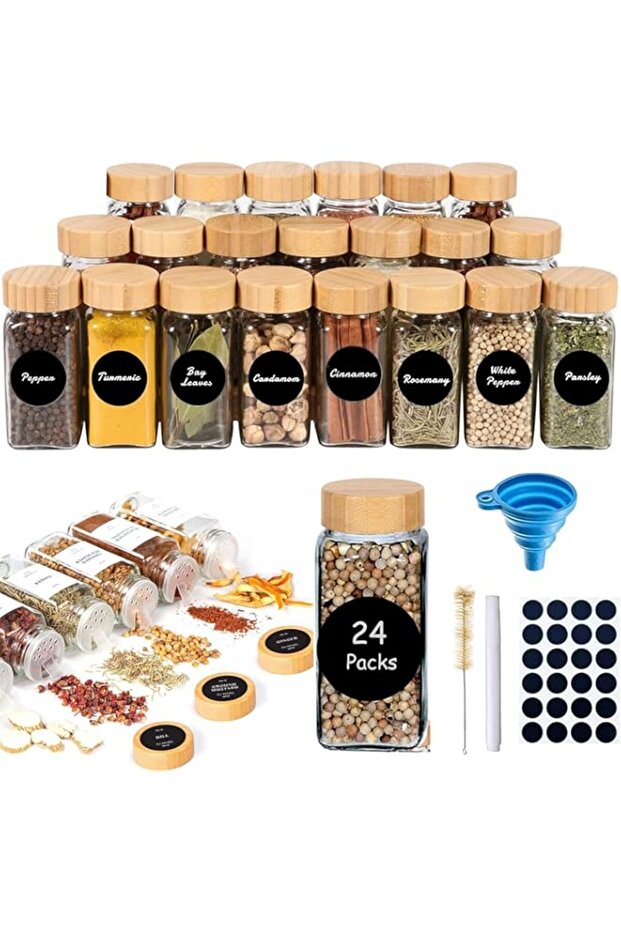 MOSYCLE Spice Jars with Labels for Kitchen Organizing Drawers, 120 ml Glass Jars With Cleaning Brush