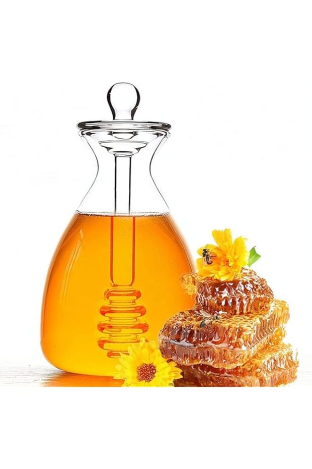 ELECDON Honey Jar, Crystal Glass Honey Pot with Dipper and Lid Cover Honey Syrup Bottles Clear Gorge