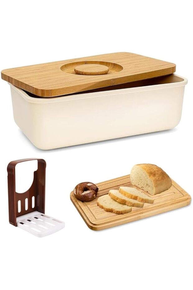 TOMVAES Bread Box, Rectangular Bread Container with Bamboo Wood Cutting Board Lid & Bread Slicer Hol