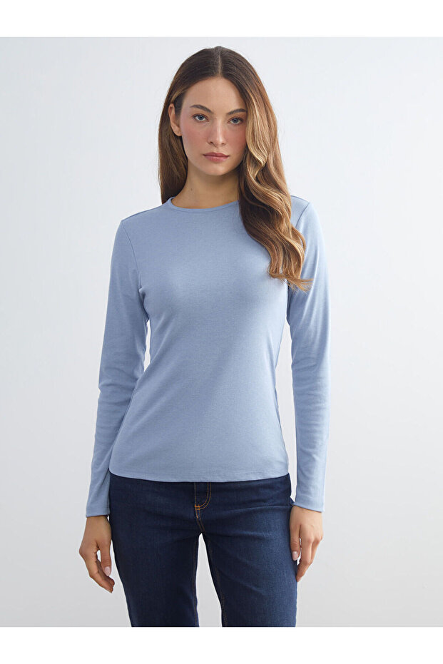 Two Mt Shop Quality Lcw Everyday Blue Ribbed Plain Tight & Slim Long Sleeve Women's Bodysuit