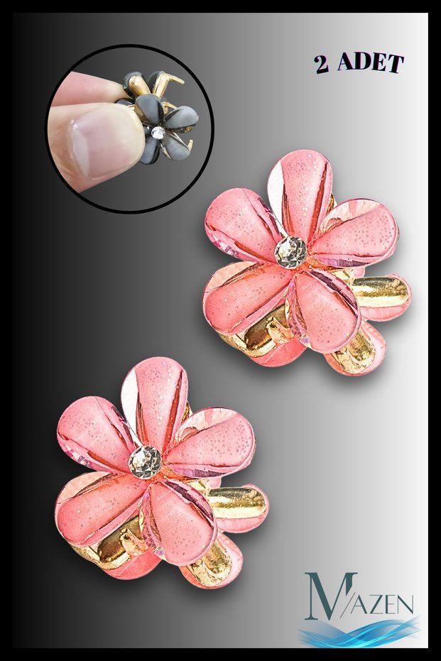 2 Pieces of Small Clothespins with Colorful Flower Figures | Shiny Stone Detailed | Hair Clip 2 cm