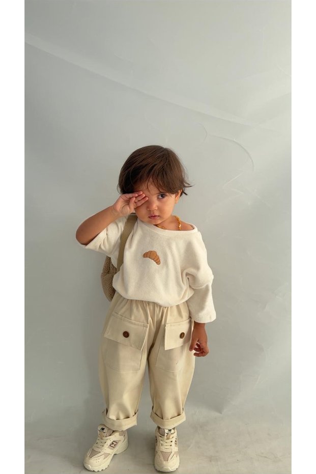Cream Button-Detailed Gabardine Trousers with Elastic Waistband
