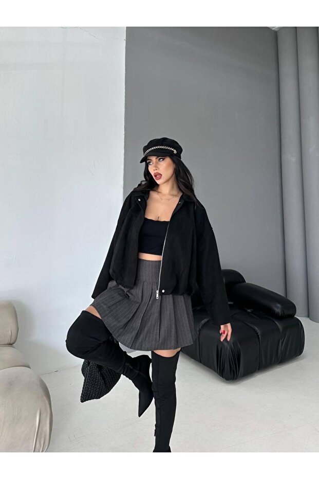 Oversize Süet Bomber Ceket - 7