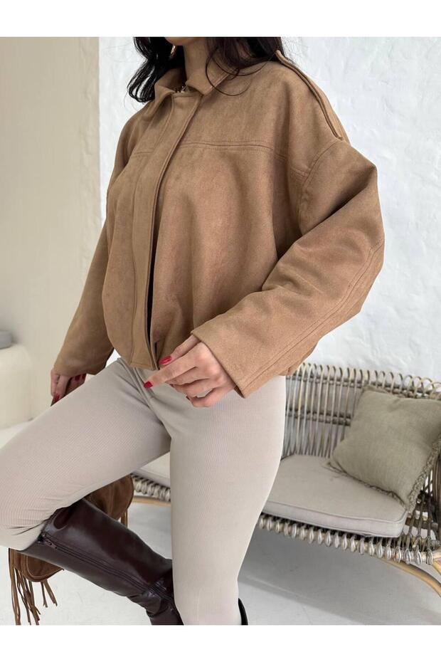 Oversize Süet Bomber Ceket - 2