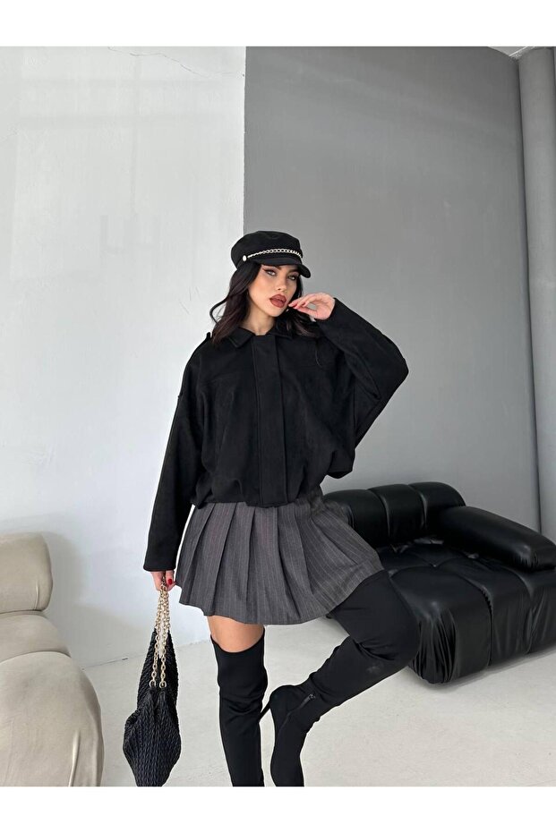 Oversize Süet Bomber Ceket - 4