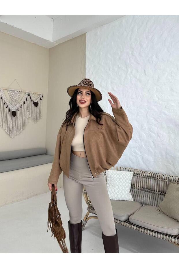 Oversize Süet Bomber Ceket - 4