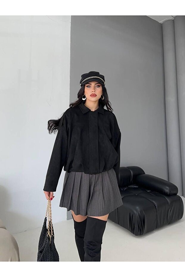 Oversize Süet Bomber Ceket - 5