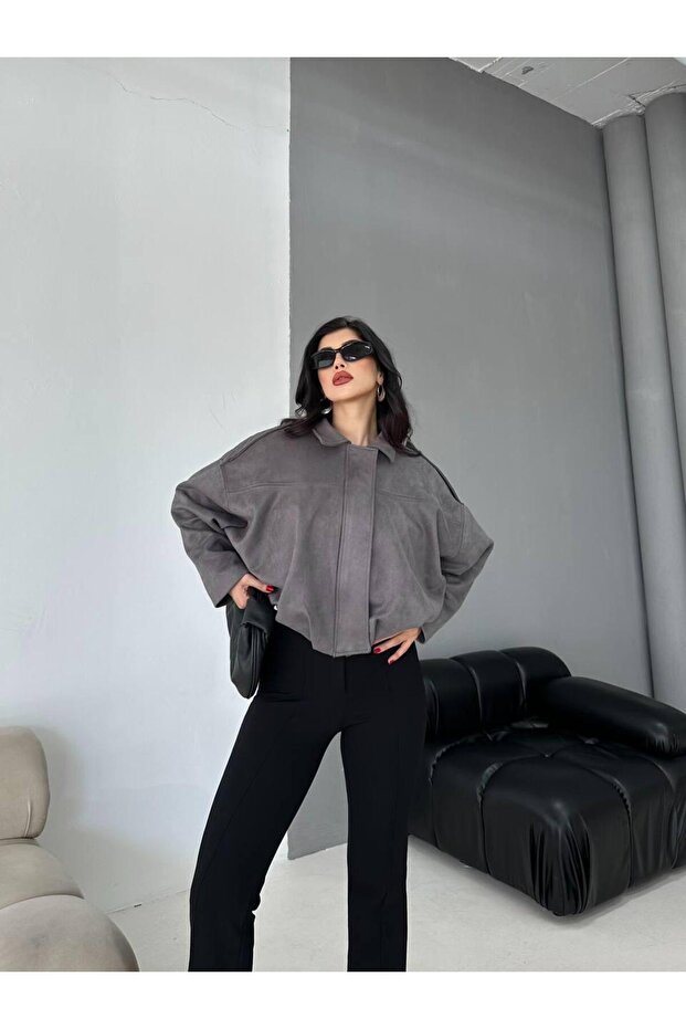 Oversize Süet Bomber Ceket - 3