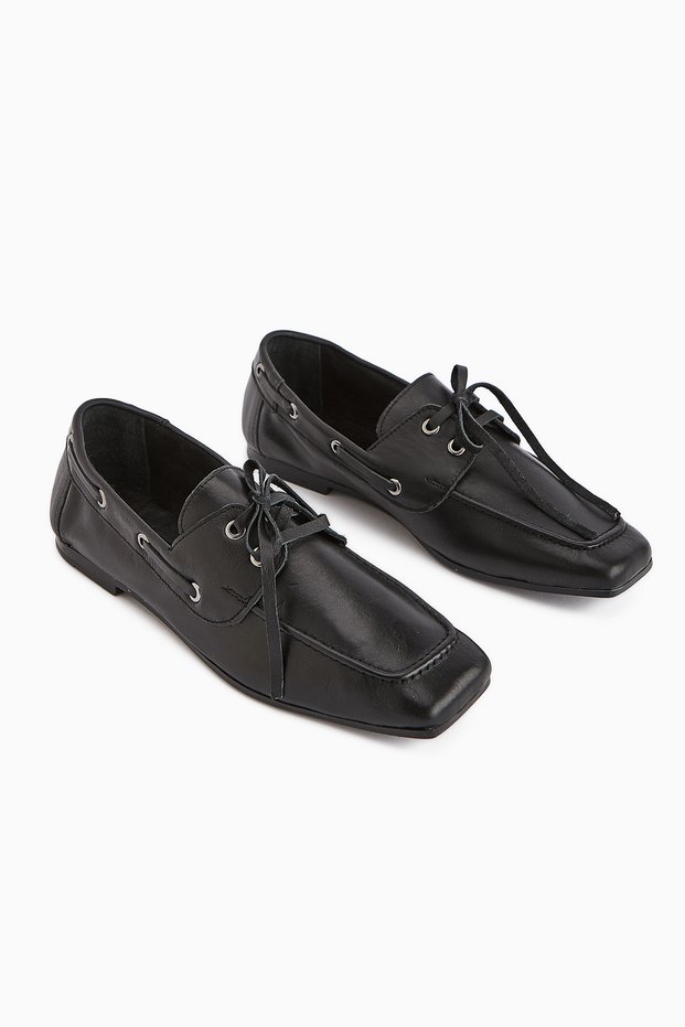 Arian Genuine Leather Black Lace-Up Moccasin Casual Loafer Women's Shoes