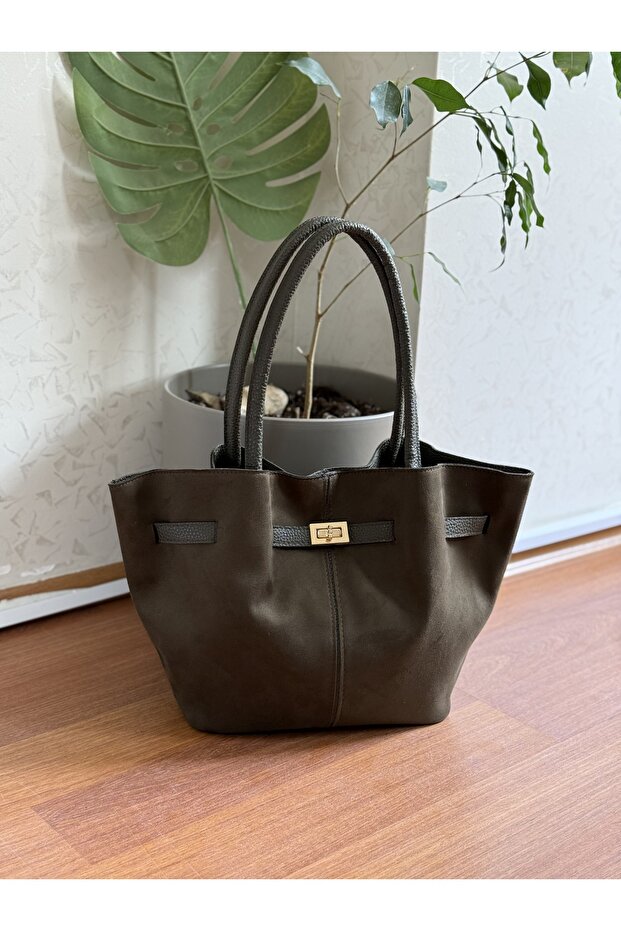Suede Women's Shoulder Bag with Lock Detail on the Front