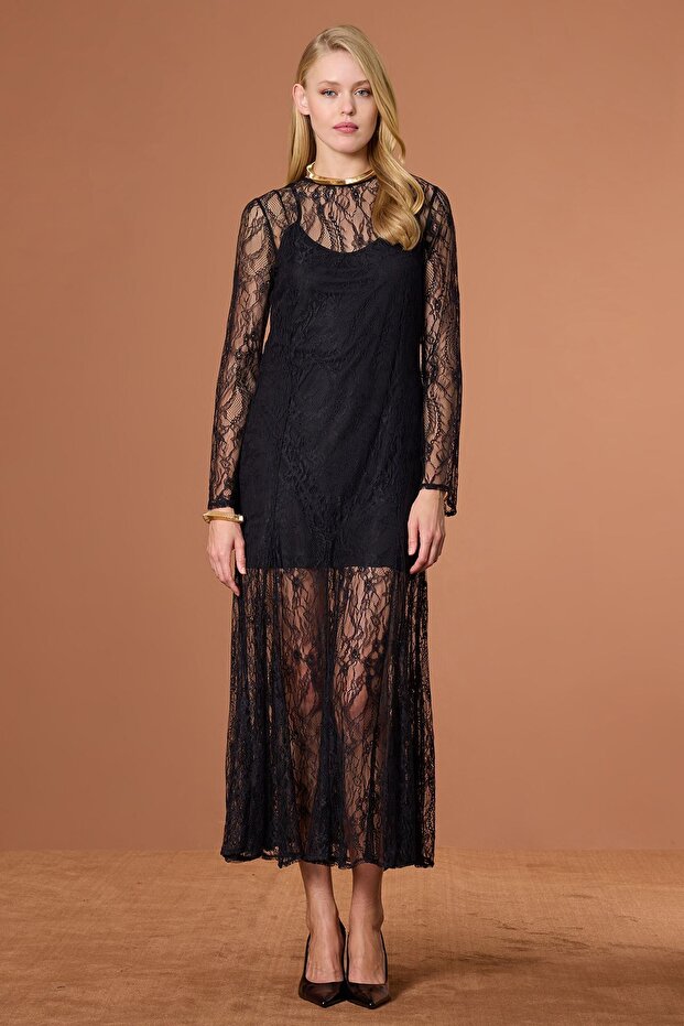 Dantelli Maxi Elbise Siyah - 1