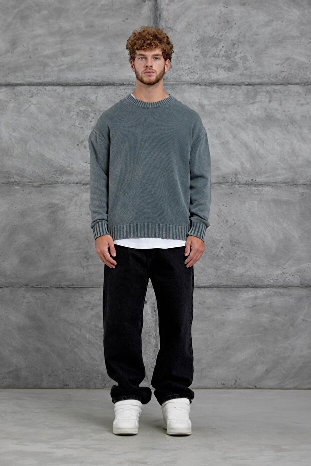 Erkek Gri 251 Oversize Yıkamalı Örme Triko - 4