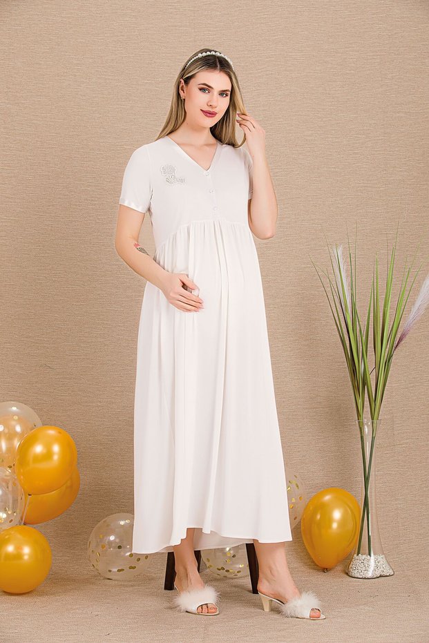 Buttoned V-Neck and Lace Rose Detailed Short Sleeve Maternity&Postpartum Nightgown Dress