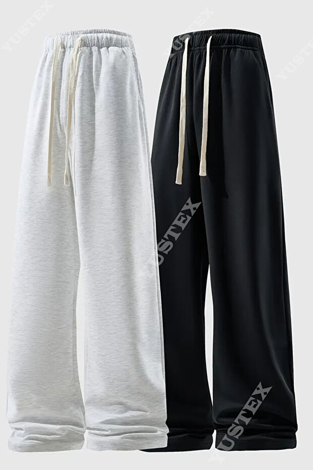 2 Pcs Women's Black + Gray Plus Size Baggy Loose Fit Pants Bottom Stretchy Comfortable Fabric Sweatpants