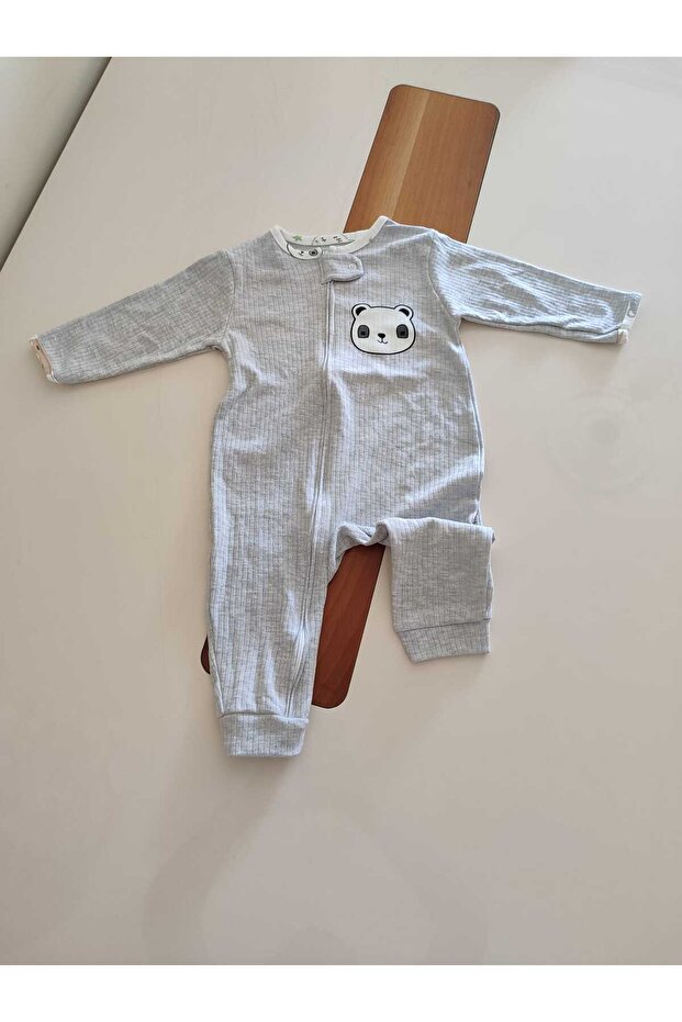 PANDA DESENLİ ÖNÜ FERMUARLI UZUN KOLLU ERKEK BEBEK TULUMU - 1