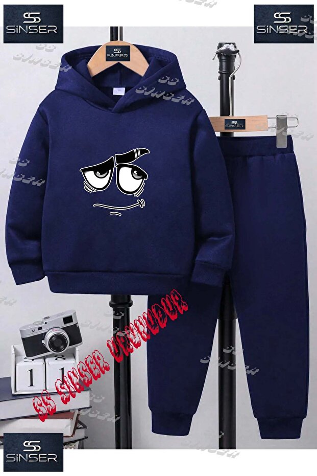 Children's Unisex Printed Hooded Tracksuit Set with Face and Eyes Print