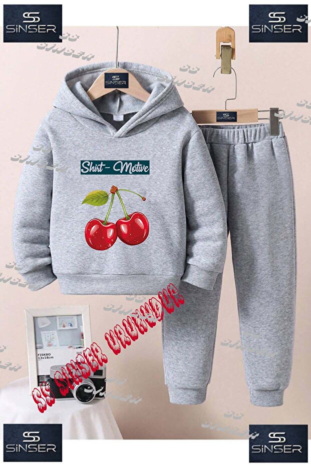 Children's Unisex Custom Printed Hooded Tracksuit Set with the Text: "Cherry Shirt Motive Written on It".