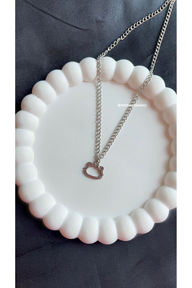 Cat Zircon Pink Stone Y2K Silver Necklace