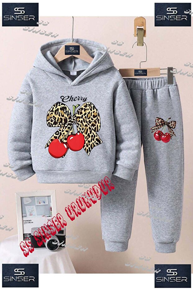 Children's Unisex Custom Printed Hoodie and Sweatpants Set with the Text: "Cherry Leopard Ribbon Cherry Texting".