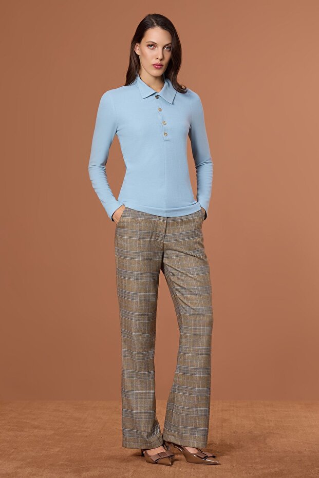 Boğazlı Örme Fit Bluz Mavi - 1