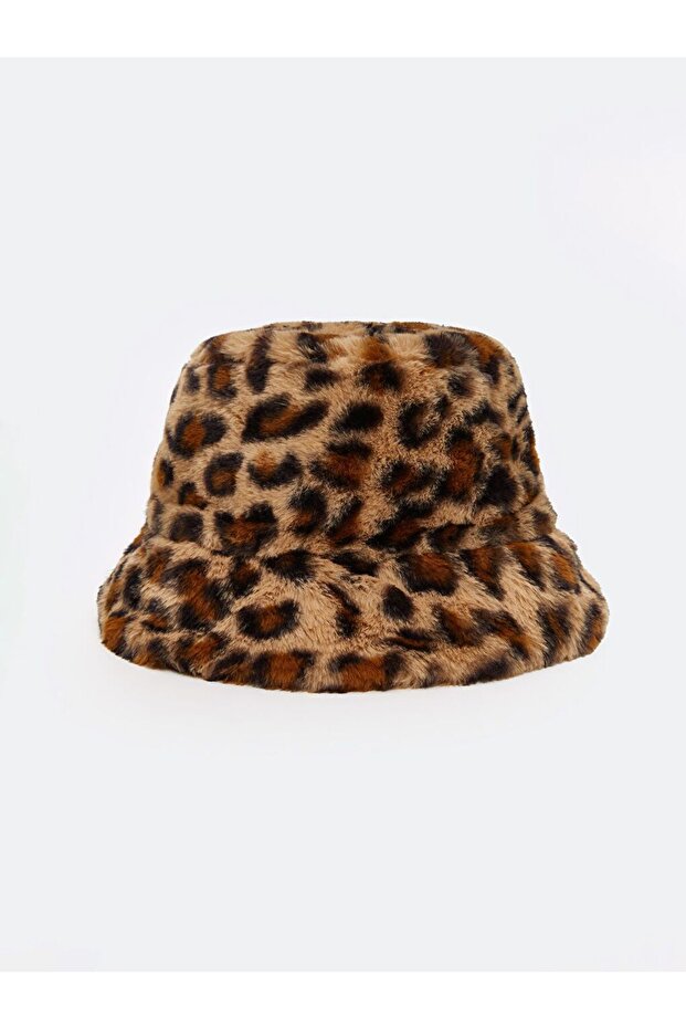 Leopar Desenli Kürklü Kadın Bucket Şapka - 1