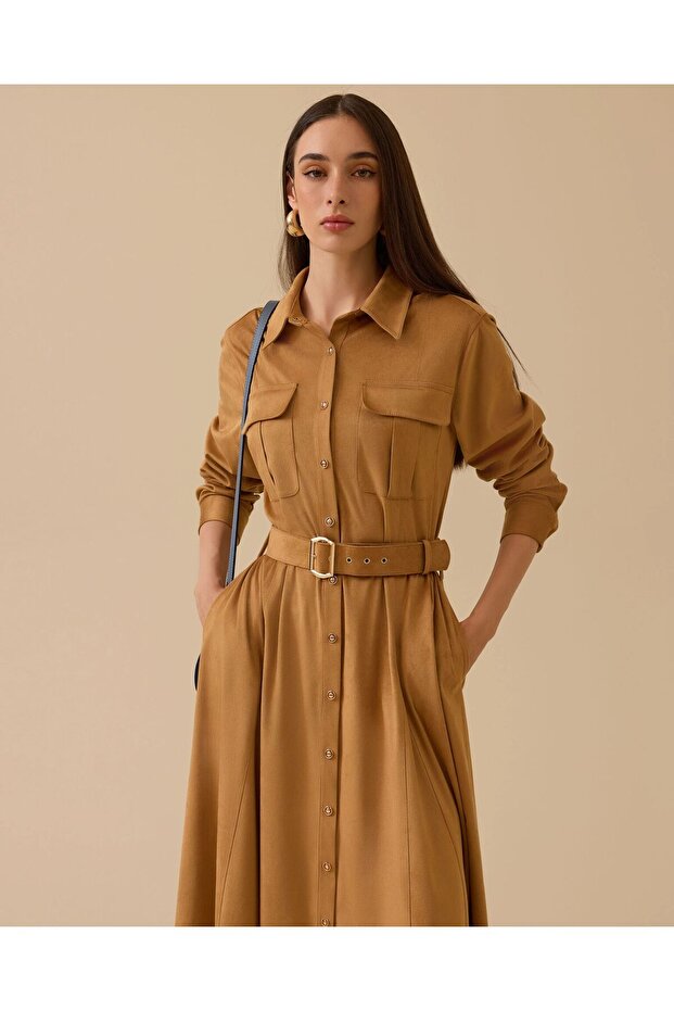 Kemerli Süet Elbise-CAMEL - 44 - 2