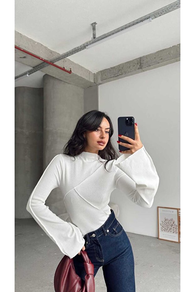 Women's White Spanish Sleeve Reverse Stitch Detail Blouse