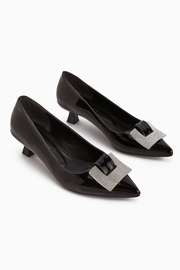 Lini Black Patent Leather Buckle Short Heeled Women's Shoes
