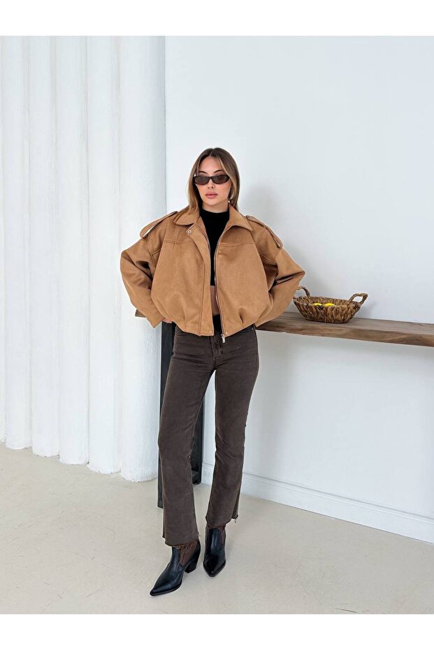 Suede Zippered Off-Shoulder Bomber Jacket