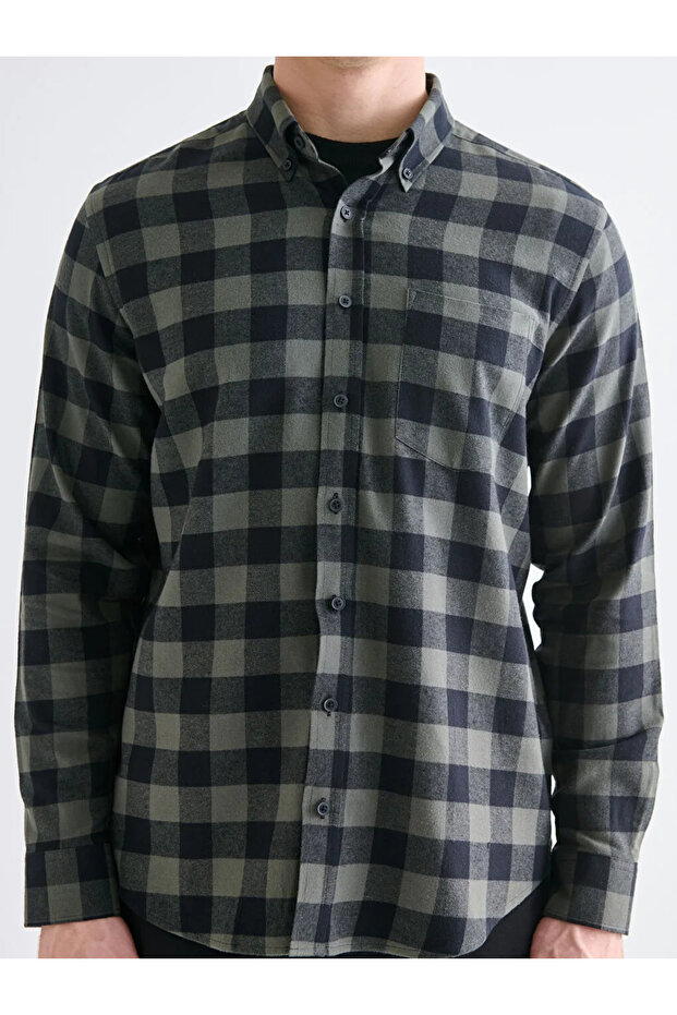 LCWAIKIKI Classic Haki Regular Fit Uzun Kollu Ekose Gabardin Erkek Gömlek - 2