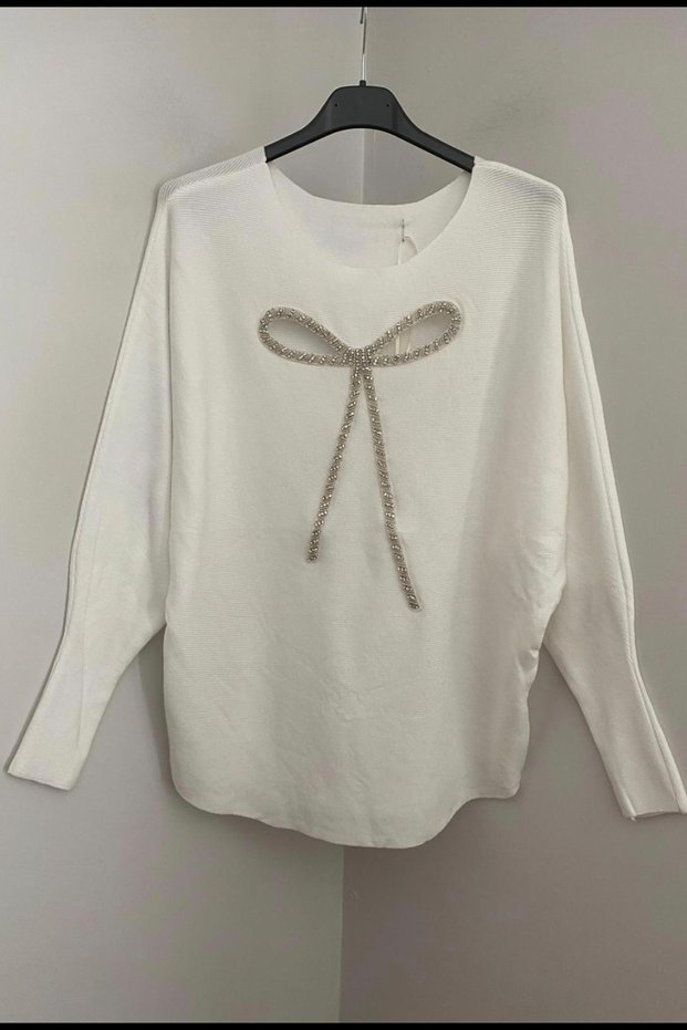 Women's Italian White Round Neck Window Bow Embroidered Angora Knitwear Sweater Blouse