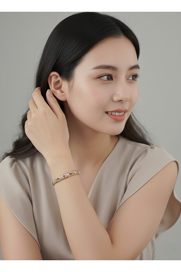 Mineli Pembe Çiçek İşlemeli Bilezik - 2