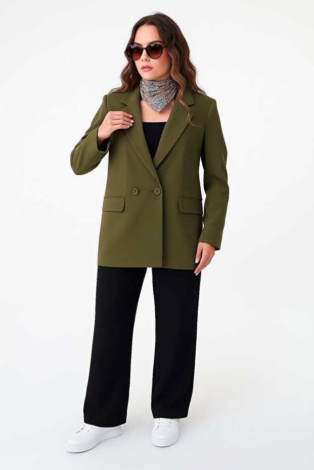Haki Çift Düğmeli Blazer Ceket - 1
