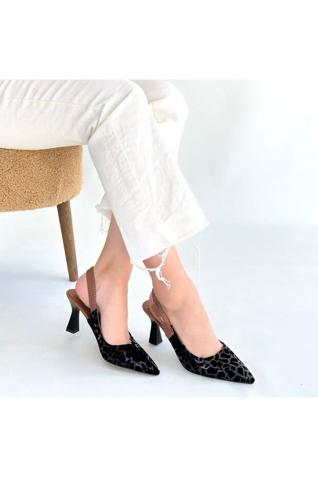 Toran Siyah Rugan Siyah Süet Detaylı Topuklu Ayakkabı - 4