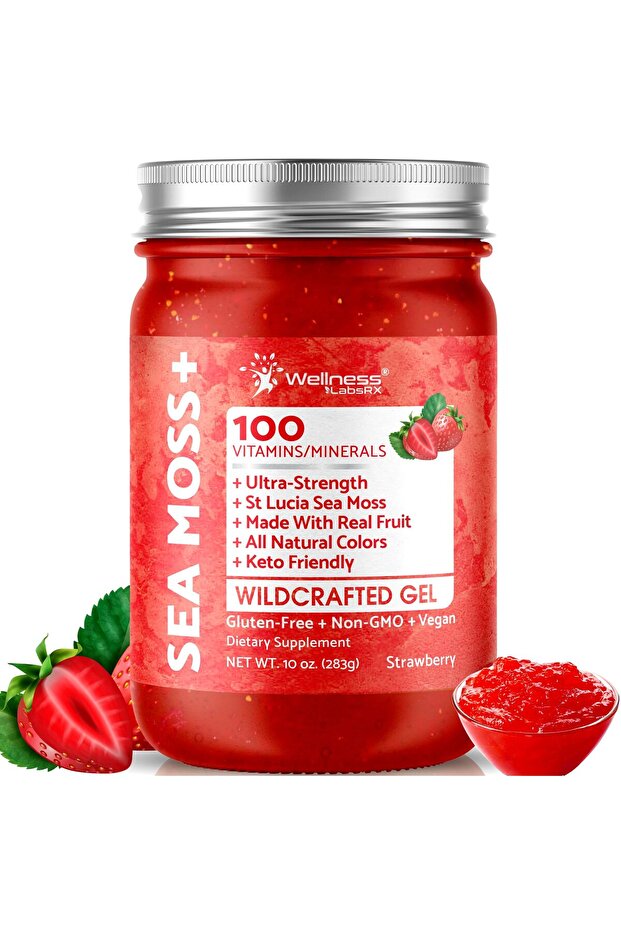 Irish Sea Moss Gel Raw - Wildcrafted Strawberry Flavor, Immune & Digestive Support - 10 oz