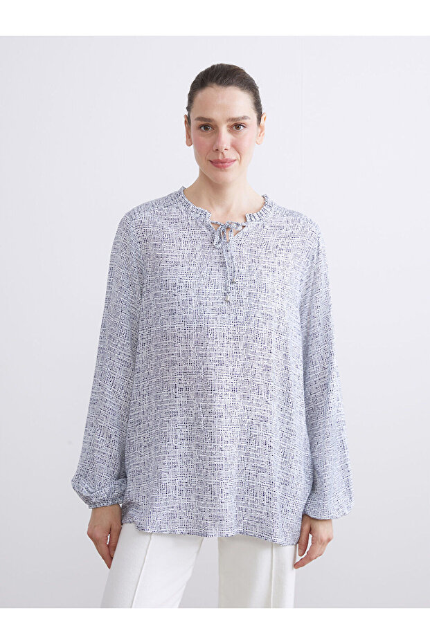 New Season Tie Neck Patterned Blouse