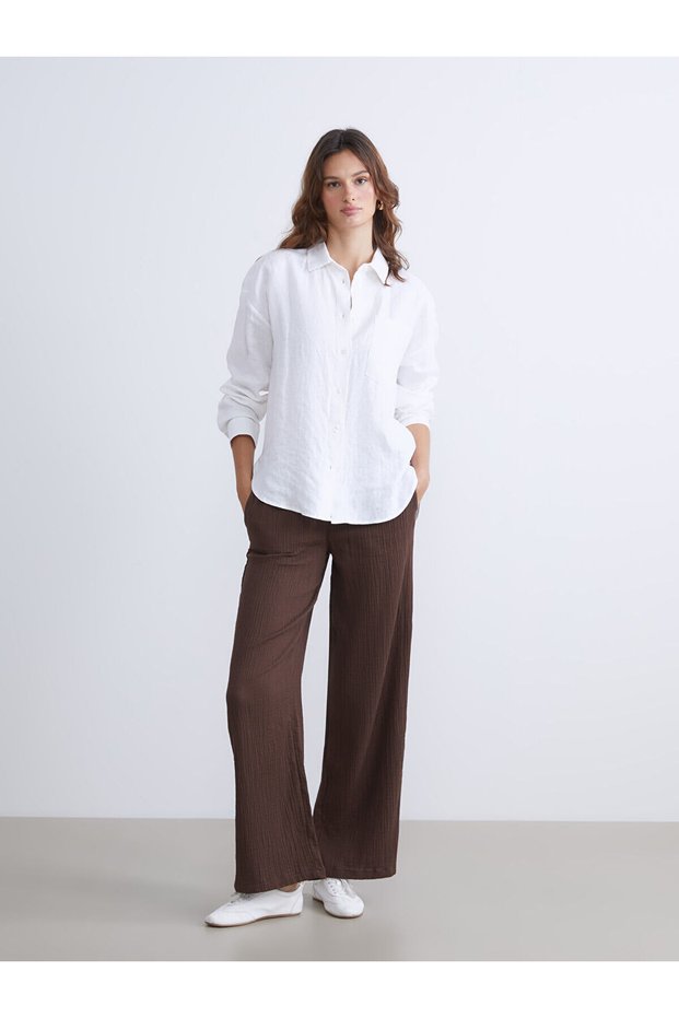 Vizyon New Season Plus Size Elastic Waist Textured Muslin Women's Trousers
