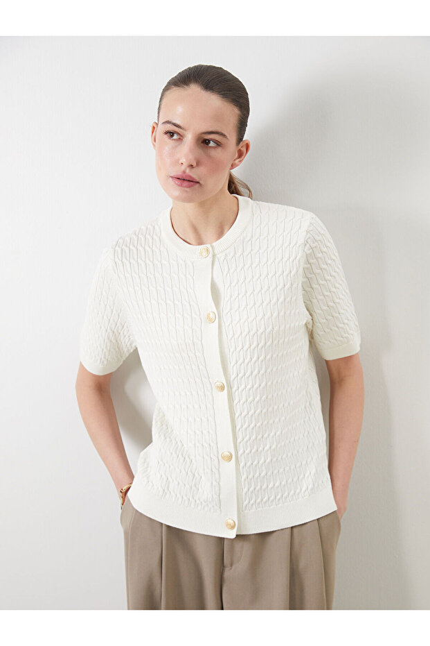 Peak New Season Crew Neck Self Patterned Women's Knitwear Cardigan
