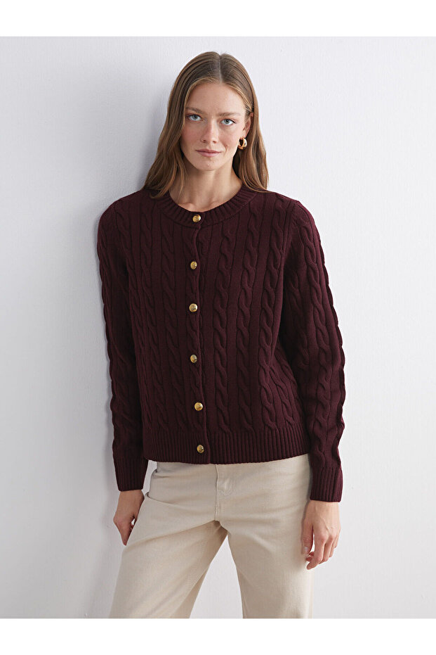 Burgundy Crew Neck Self Patterned Women's Knitwear Cardigan