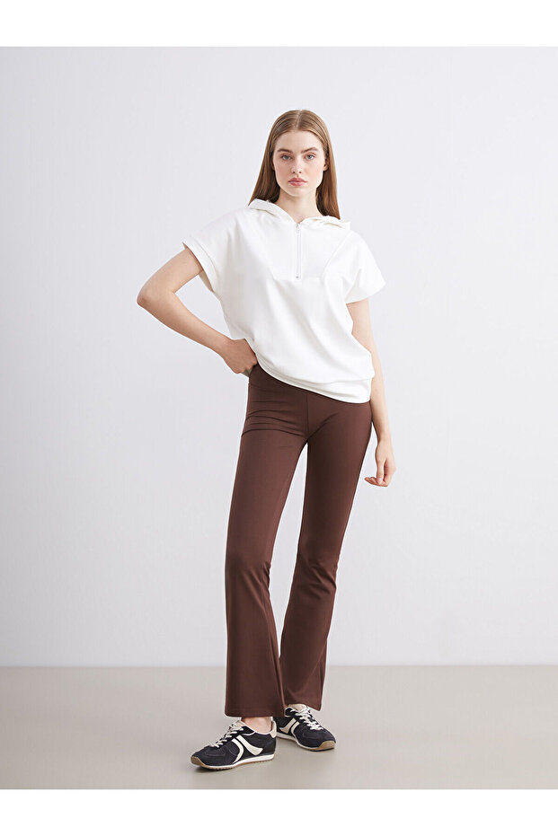 Kahverengi Beli Lastikli İspanyol Paça Kadın Spor Tayt - 1