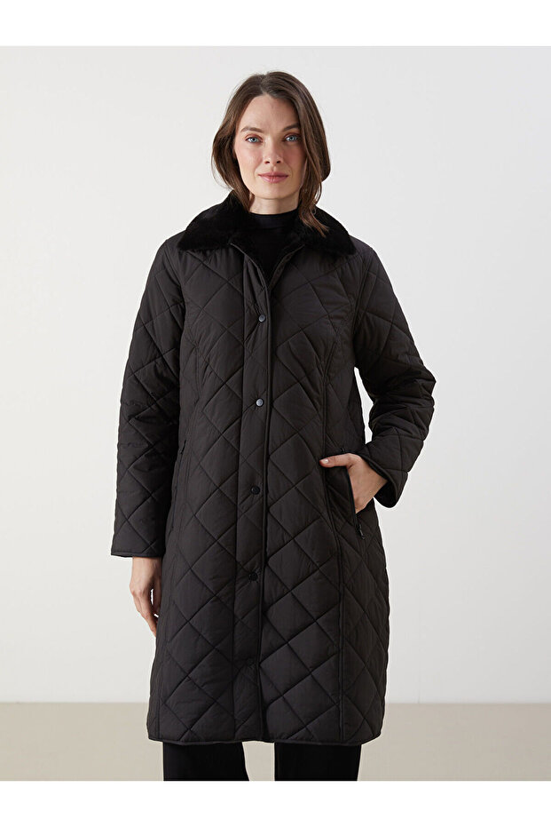 Black Shirt Collar Quilted Women's Puffer Coat