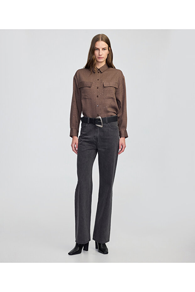 قميص بنمط خطوط مزينة بالترتر - 6