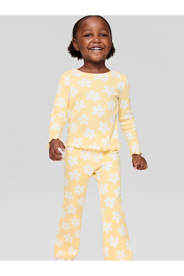 Kız Bebek Sarı Fitilli Pull-On Grafik Baskılı Flare Tayt - 3