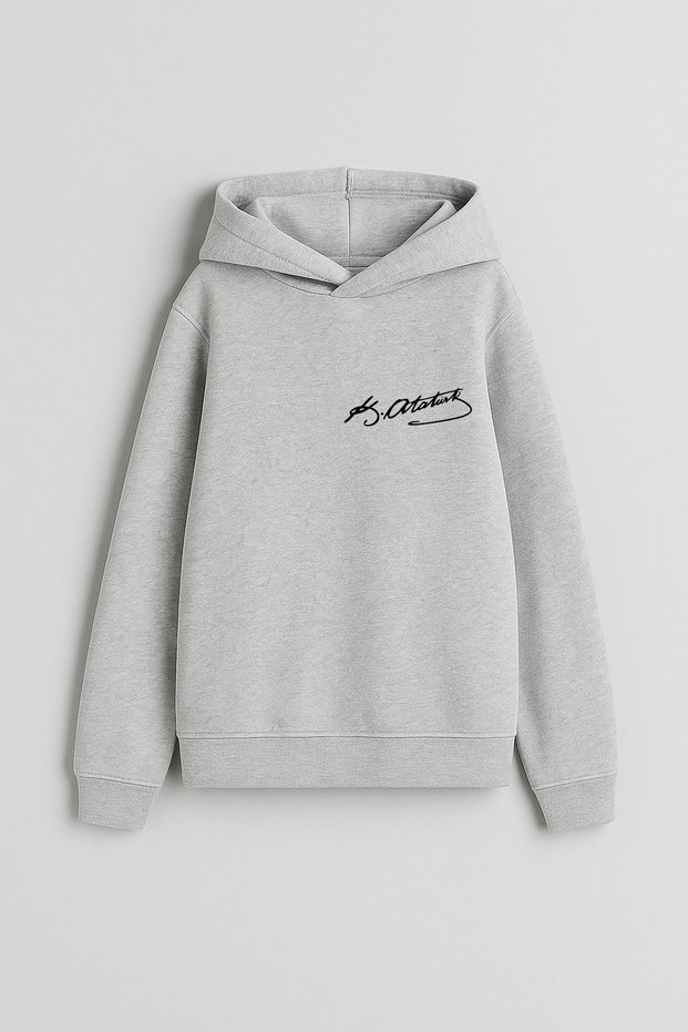 Mustafa Kemal Ataturk Signature Printed Boys Girls Children Gray Hooded Hoodie Sweatshirt Hoodie