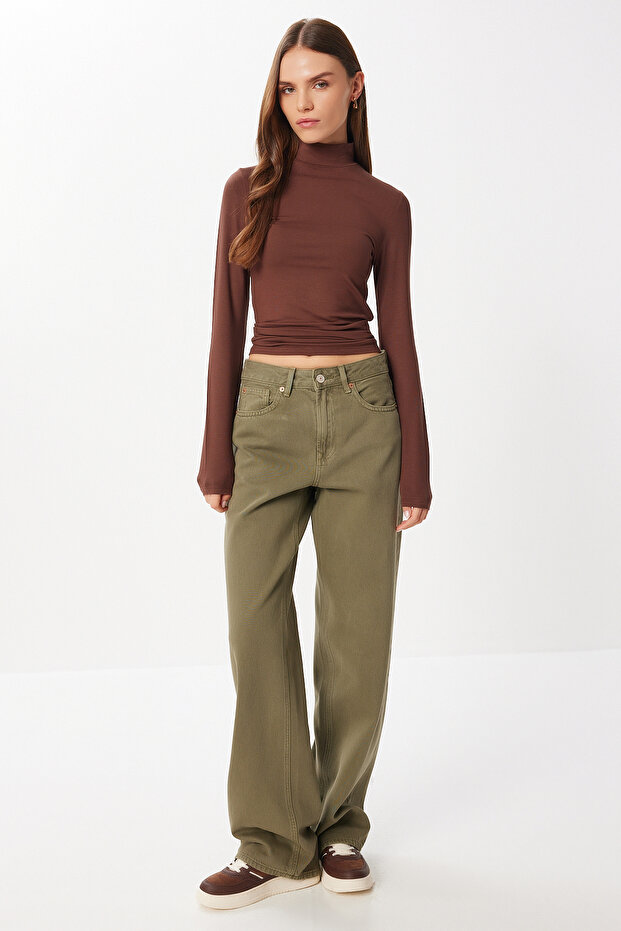 High Neck Saran Stretchy Knitted Blouse Lub0013 Brown
