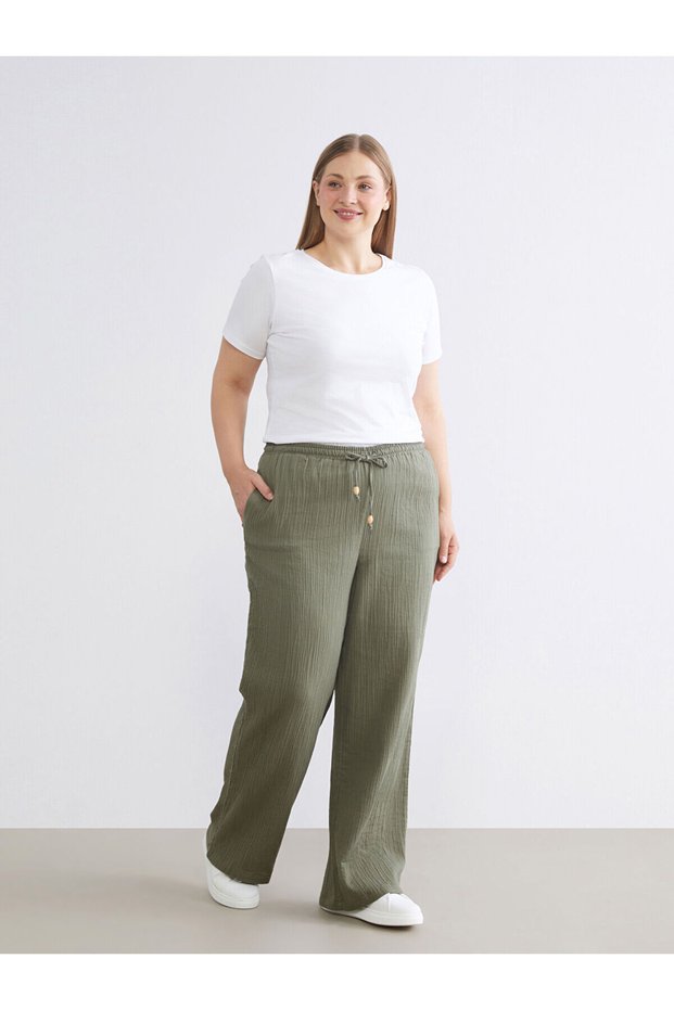Özmarka New Season Elastic Waist Textured Wide Leg Women's Trousers