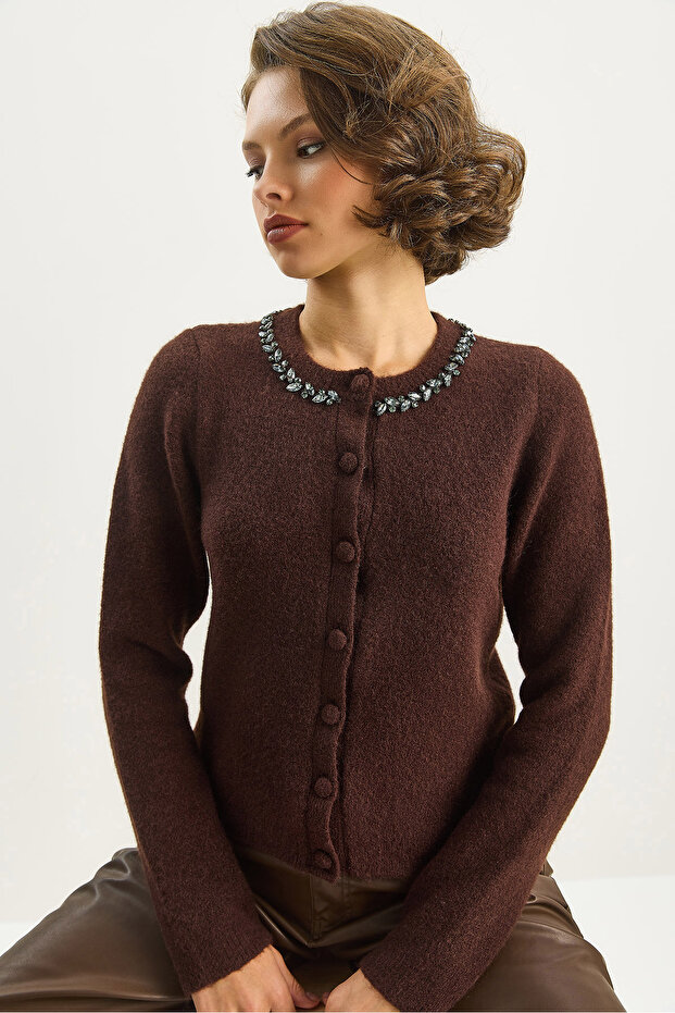 Kadın Bisiklet Yaka Zarif Taş İşlemeli Düğmeli Triko Hırka 4890 60283584 - 2