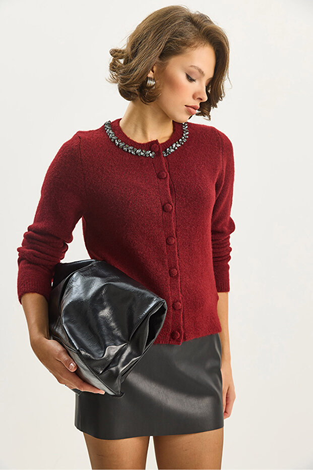 Kadın Bisiklet Yaka Zarif Taş İşlemeli Düğmeli Triko Hırka 4890 60283584 - 4